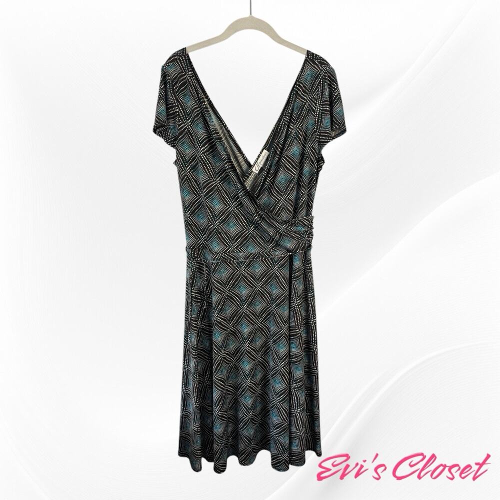 DB Faux Wrap Dress Women's Brown Turquoise Geometric Cap Sleeve Stretch Sz 16